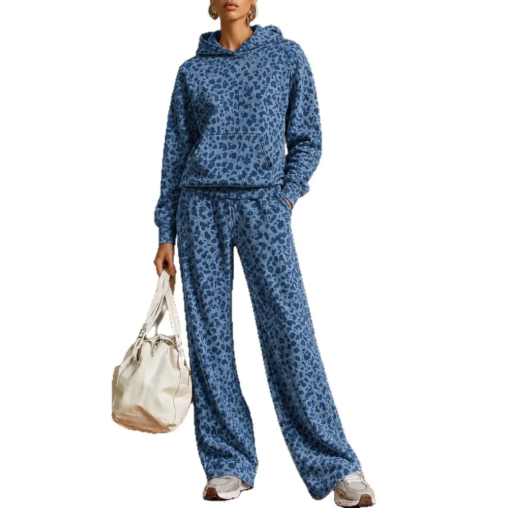2026 Fall Winter Women Retro Leopard Print Hoodie Sweatshirt Wide Leg Pants Two Piece Set Casual Sportswear
