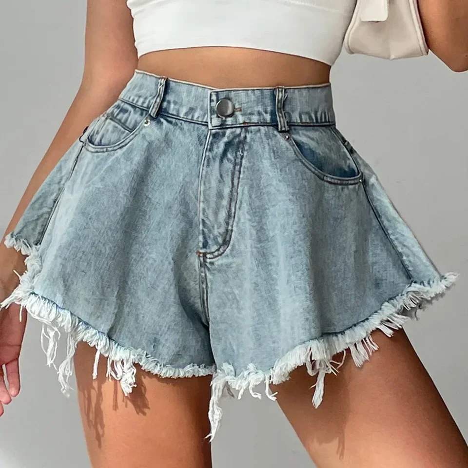 

High Waist Womens Denim Shorts Spring Summer Denim Cotton Holes Splicing Shorts Loose Tassel Booty Shorts Sexy Club Short Jeans