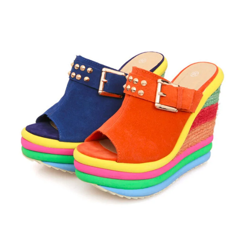 Summer Sexy Bohemia Casual Rainbow Peep Toe Platform Sandals for Women Wedges Sandalias Plataforma Shoes High Heel Tacones Mujer