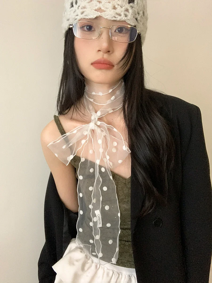 ファッショナブルなレースメッシュ水玉模様スカーフ レディース向け 2025年夏新作 軽量で可愛らしい万能ネックアクセサリー リボン付き