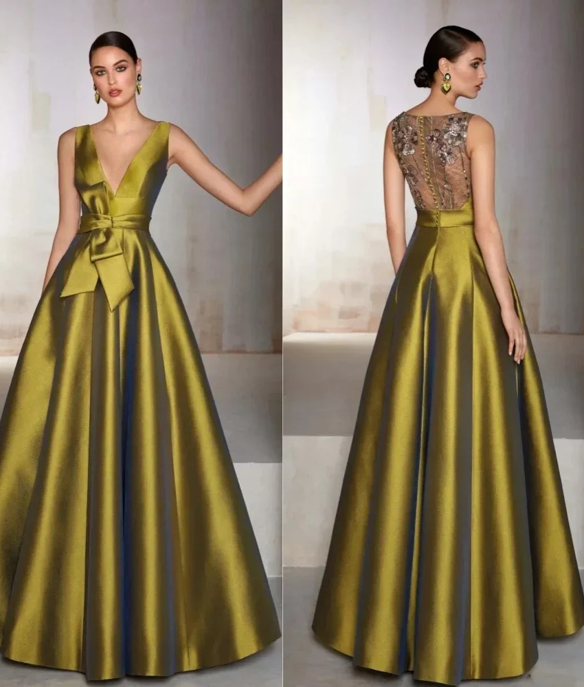 

Customized High Quality Satin A-Line Flowers Sequined Buttons Evening Dress Temperament V-Neck Sleeveless Celebrity Gowns
