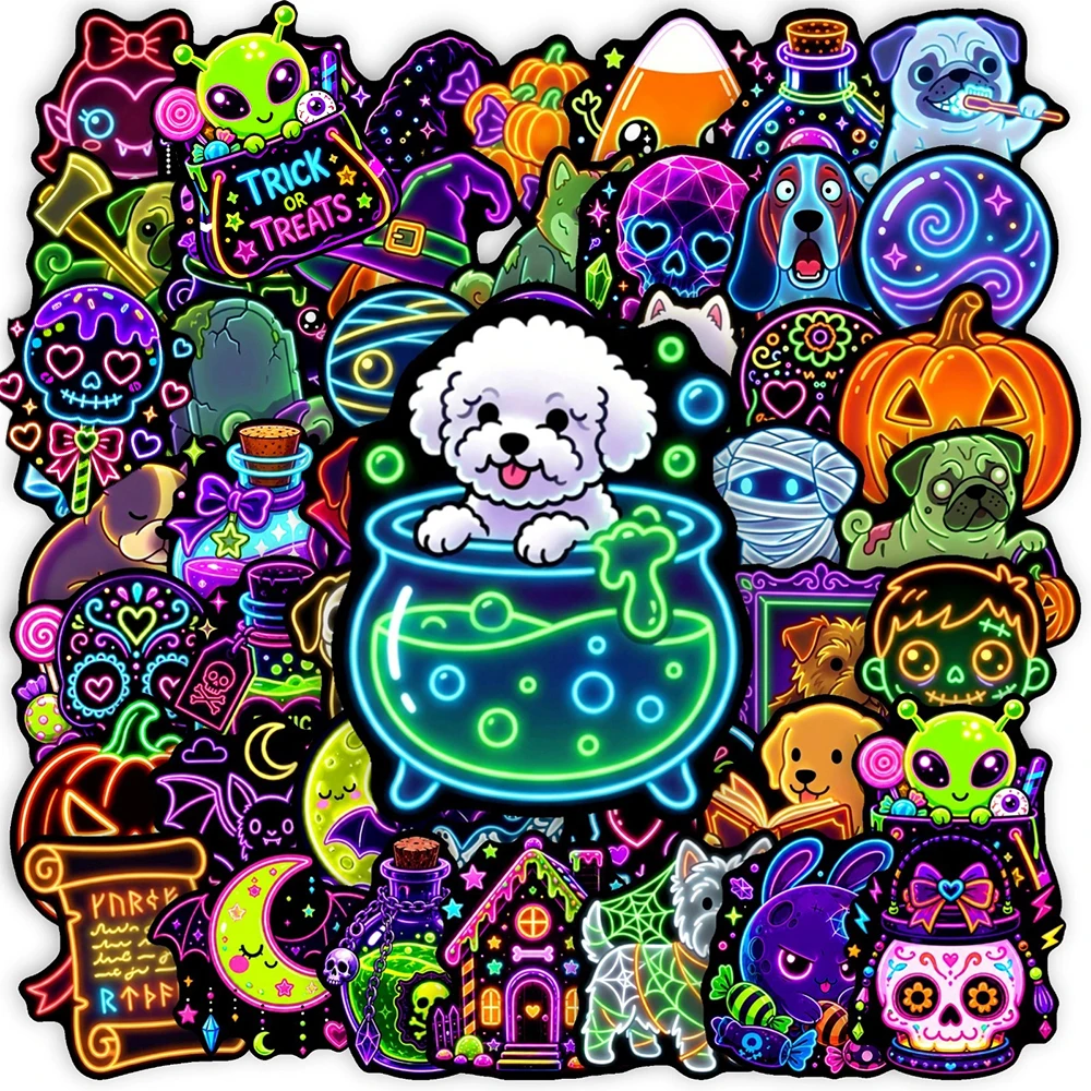 10/30/50pcs Kawaii Neon Halloween Cartoon Stickers Skull Pumpkin Dog Cartoon Decals Skateboard Phone Suitcase Cute Sticker Decor