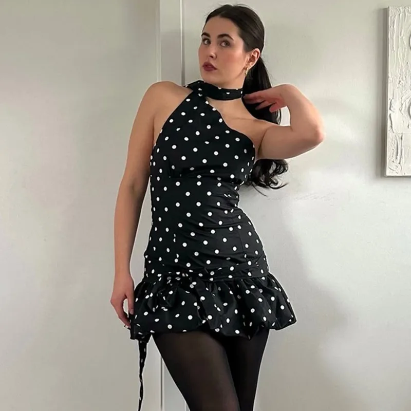 

Talenza Women Polka Dot Backless Dress Sexy Scarf Ribbon Sleeveless Contrast Bow Dress Elegant Fashion Polka Dot Vacation Dress