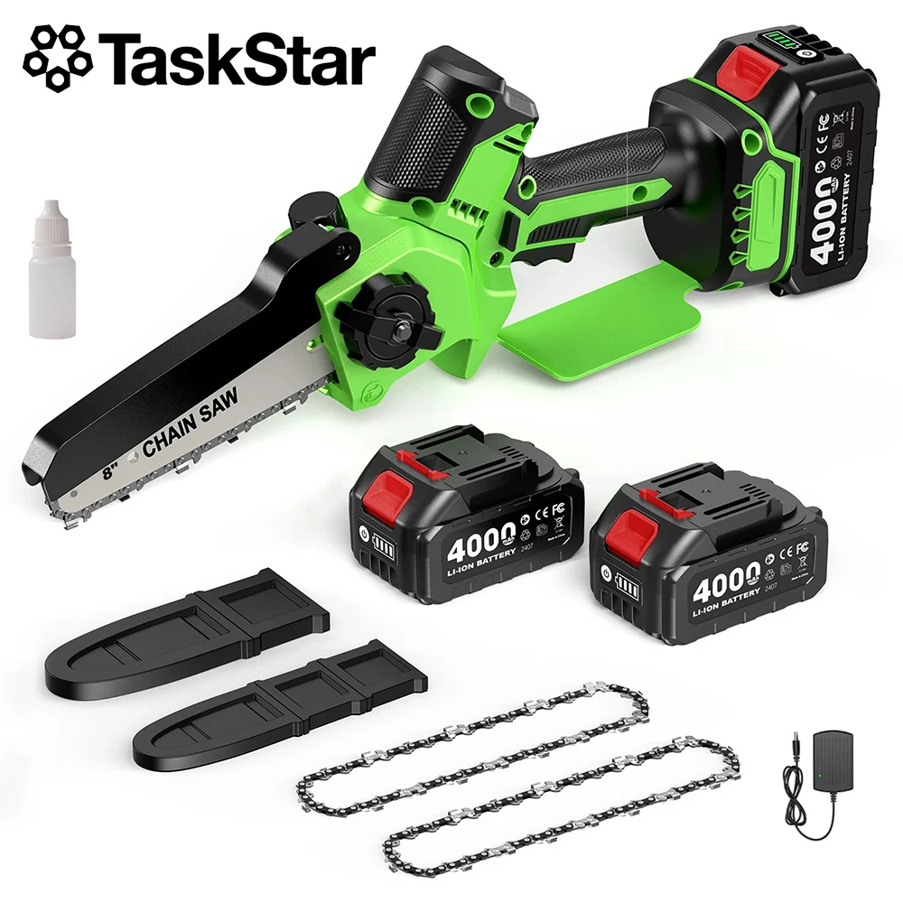 TaskStar 6&8 Inch Brushless Handheld Chain Saw Cordless Electric Wood Saw 2*4.0Ah Battery Powered Garden Branch Pruning Chainsaw For Makita 18V Battery Pin, Manual Oiling