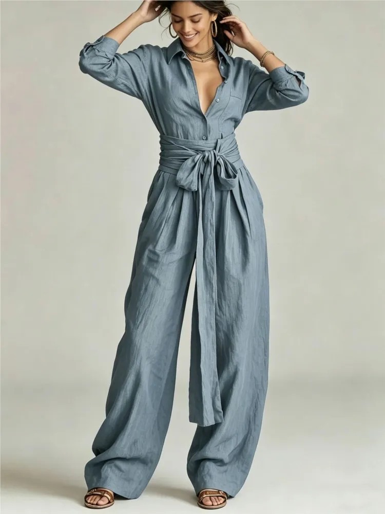 New Women Casual Solid Shirt Trousers Set Autumn Lapel Long Sleeve Button Shirts & Lace-Up Wide Leg Pants  Casual Two Piece Sets
