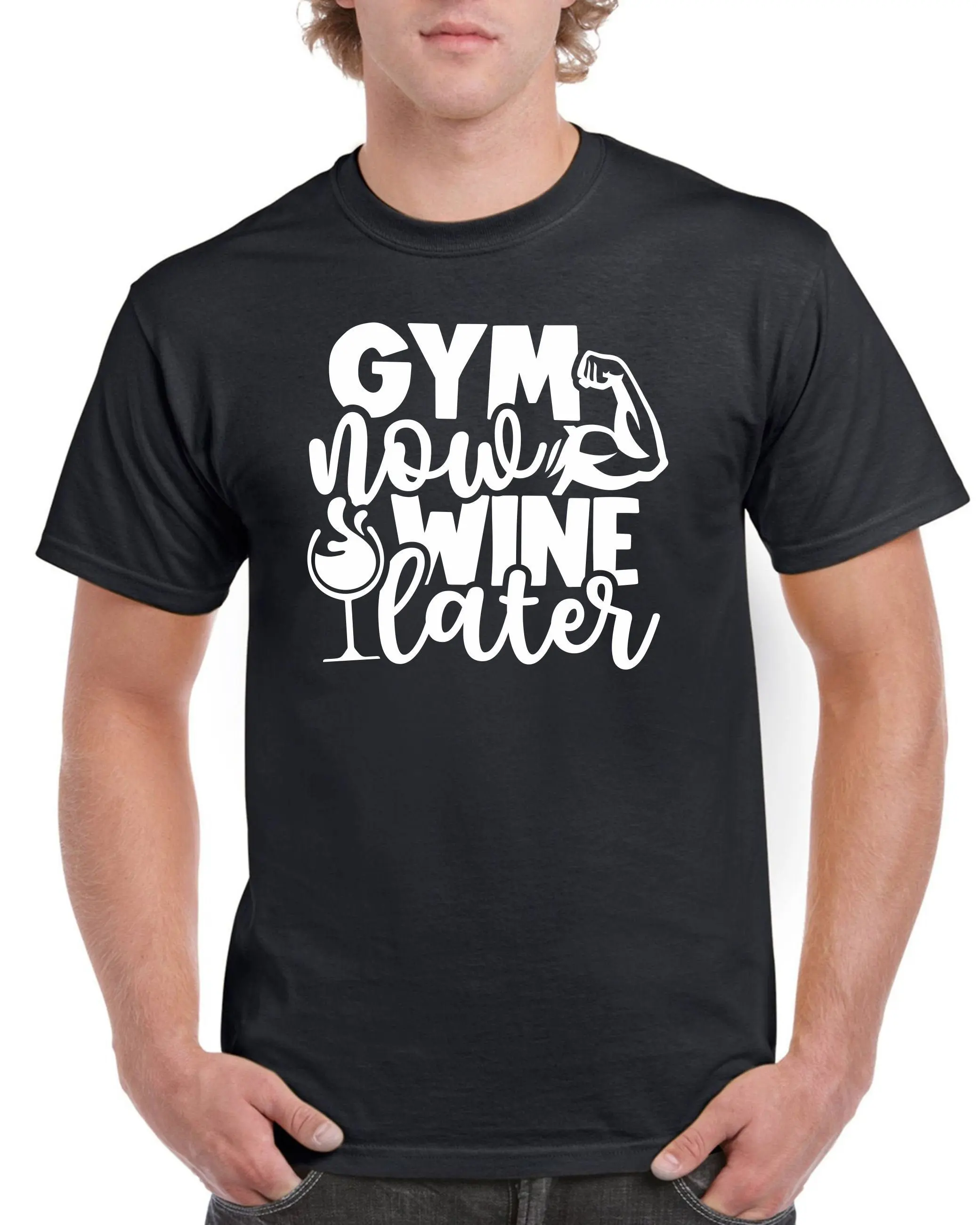 Mens Gym T Shirt Workout Top Funny Weightlifting Fitness Now Wine Later