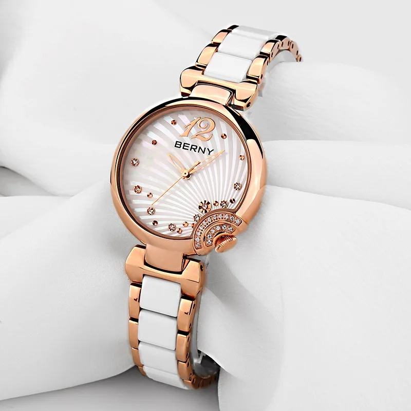 BERNY Ladies Quartz Watch Woman Ceramic Bracelet Butterfly Buckle Waterproof Watches Fashion Relogio Feminino Gift Жаночыя гадзі