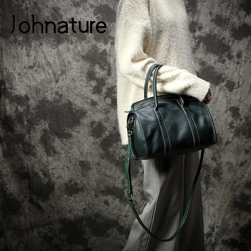 Johnature Handmade Nature Cowhide Women Bag 2024 New Vintage Genuine Leather Luxury Handbag Large Capacity Shoulder Bags