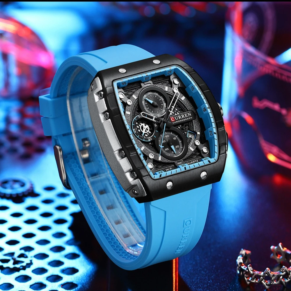 CURREN 8442 Wine Barrel Style Fashionable Six Needle Chronograph Men Watch Casual Silicone Strap Sports Calendar Watches for Man