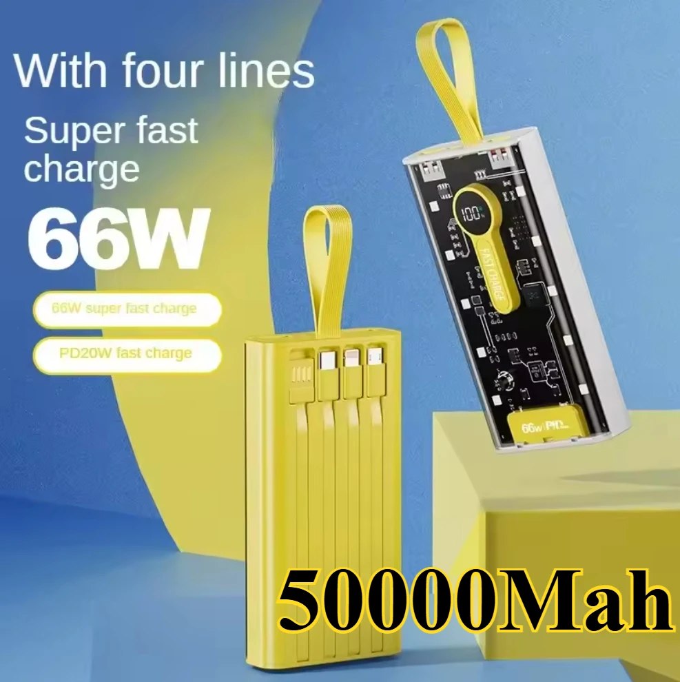 

Оригинальный PowerBank большой емкости 50000 мАч, 66 Вт, супер двунаправленный, с быстрой зарядкой, прозрачный мобильный источник питания, цифровой дисплей