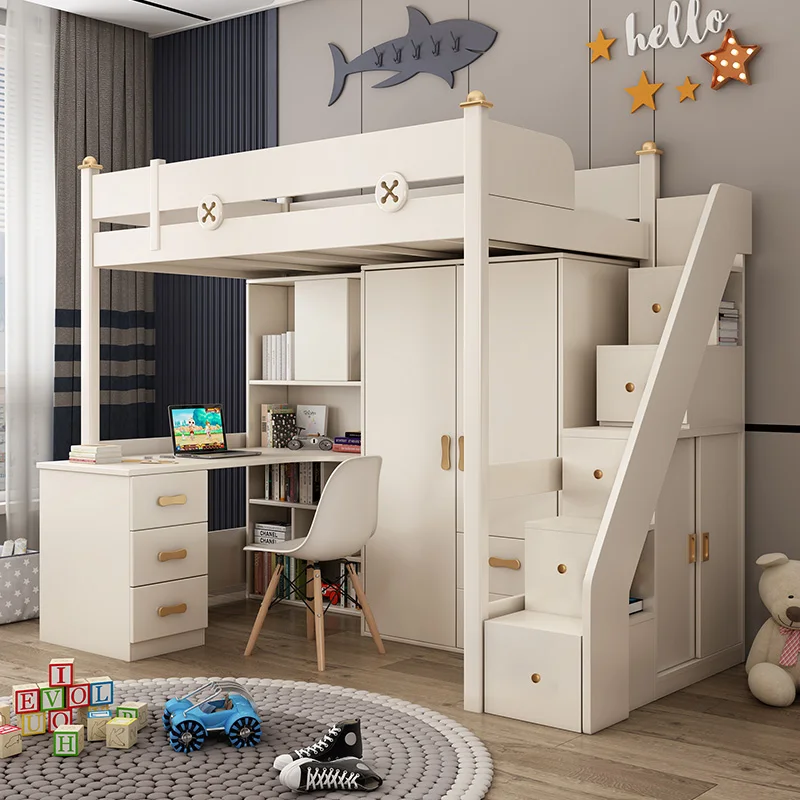 

Adult combined bed with bed and desk, two-story high-low bunk bed with wardrobe and elevated bed for children.