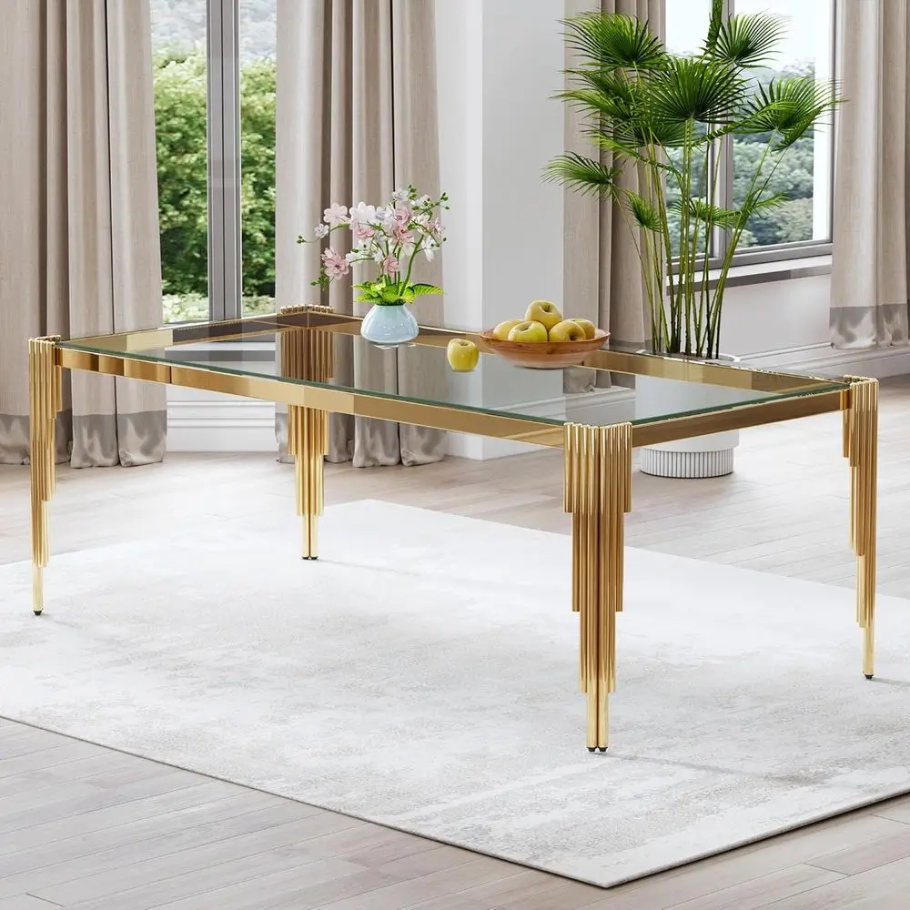 

Элегантный прямоугольный обеденный стол 80 см с золотыми ножками из нержавеющей стали и поверхностью из закаленного стекла