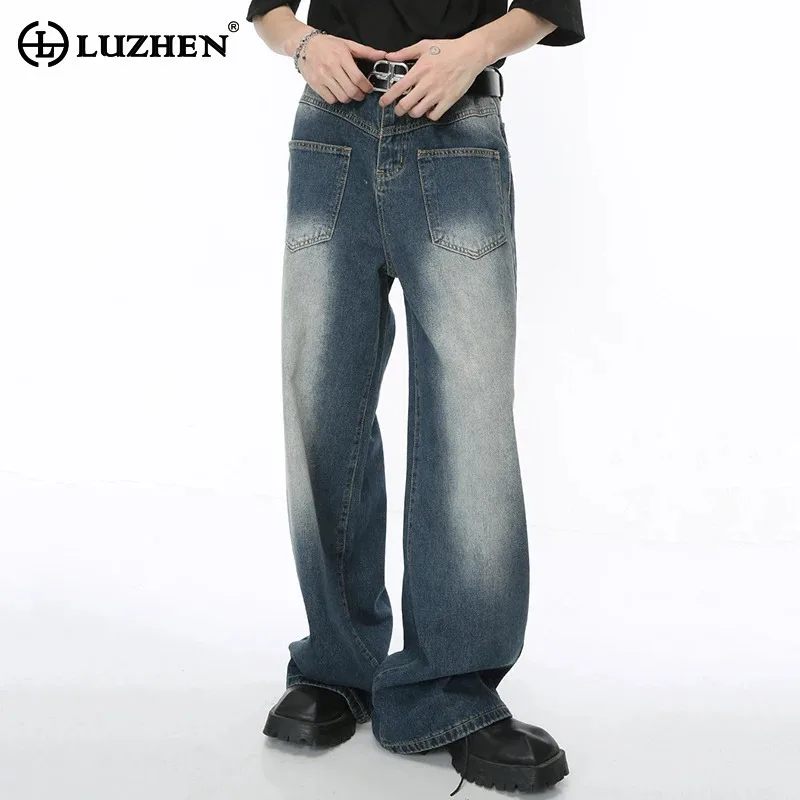 

LUZHEN 2025 New Trendy Color Contrast Washed Straight Denim Pants Men's Fashion High Quality Loose Wide Leg Casual Jeans JY1940