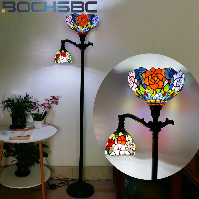 BOCHSBC ​​Tiffany stained glass 12 inch retro floor lamp for bedroom bedside lamp study hotel living room floor lamp LED decor