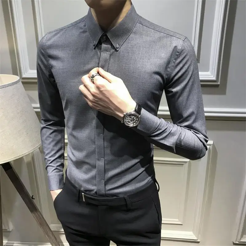 

Men's Clothing Solid Color Slim Shirts Business Casual Polo-Neck Spring Autumn Korean Long Sleeve Basic Single-breasted Shirts