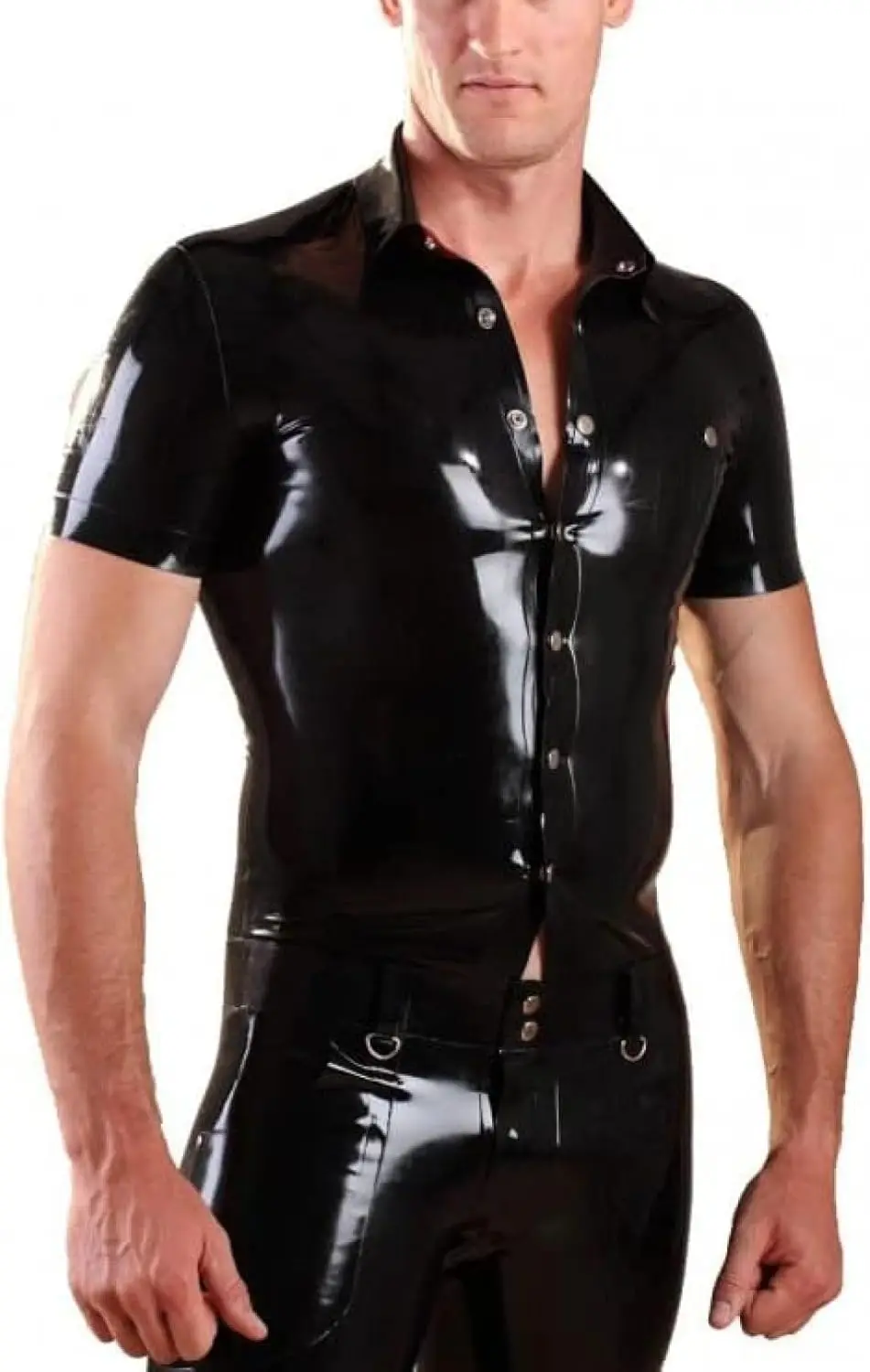 

Short Sleeved Latex Shirt Fastening Front and Collar Latex Tops