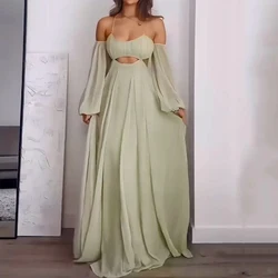 Ellafads Maxi Dress Women 2024 Summer Elegant One-Shoulder Halter Long Sleeve Hollow Solid Backless Tie Party Holiday Dresses