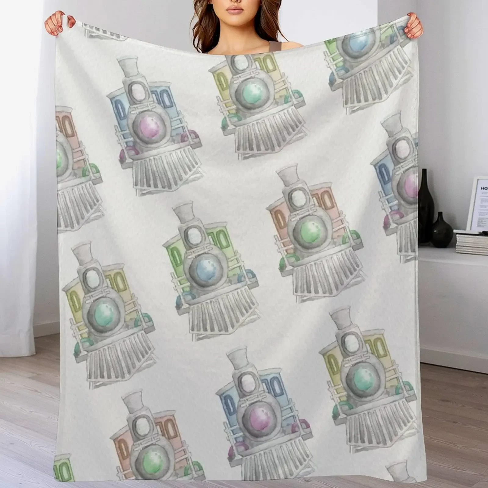 Vintage Trains Pattern Design - Watercolour Train Pattern Throw Blanket Foldable Soft Warm Blanket for Outdoor Use