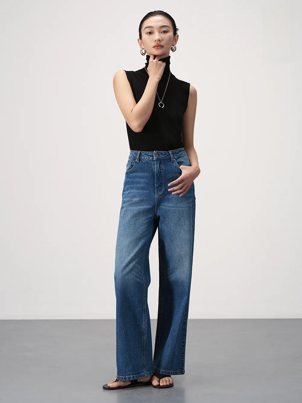 

Джинсы прямого кроя с высокой талией, широкие брюки, женские джинсовые брюки, если джинсовая ткань 003, хлопковая эластичная ткань, синяя застежка-молния с застежкой-молнией