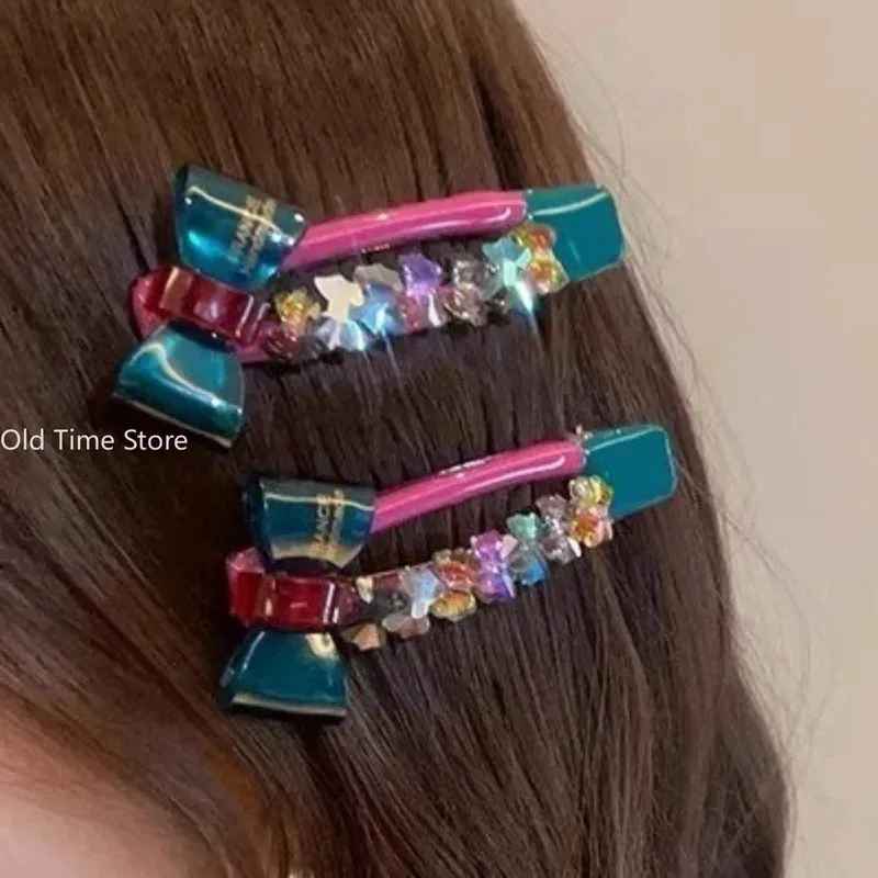

Модный цветной хрустальный бант для девочек, полная ромбовидная текстура, челка, боковой зажим, зажим для утки, женский зажим с ацетатным бантом, зажим в виде акулы