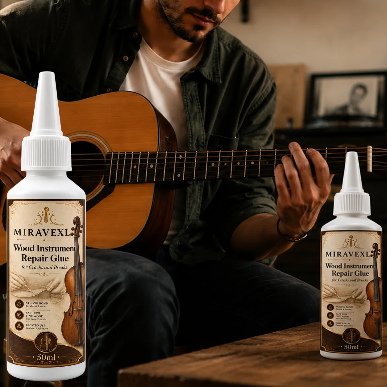 Holzinstrumenten-Reparaturkleber 50ml Set mit Flachpinsel und Detailpinsel für Gitarre, Violine, Cello, Brücke, Hals, Rissreparatur-Klebeset Pro