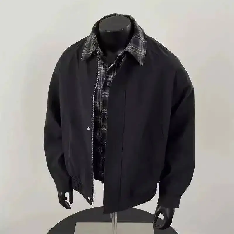 Chaqueta de hombre a la moda informal holgada con cuello corto a cuadros de estilo americano