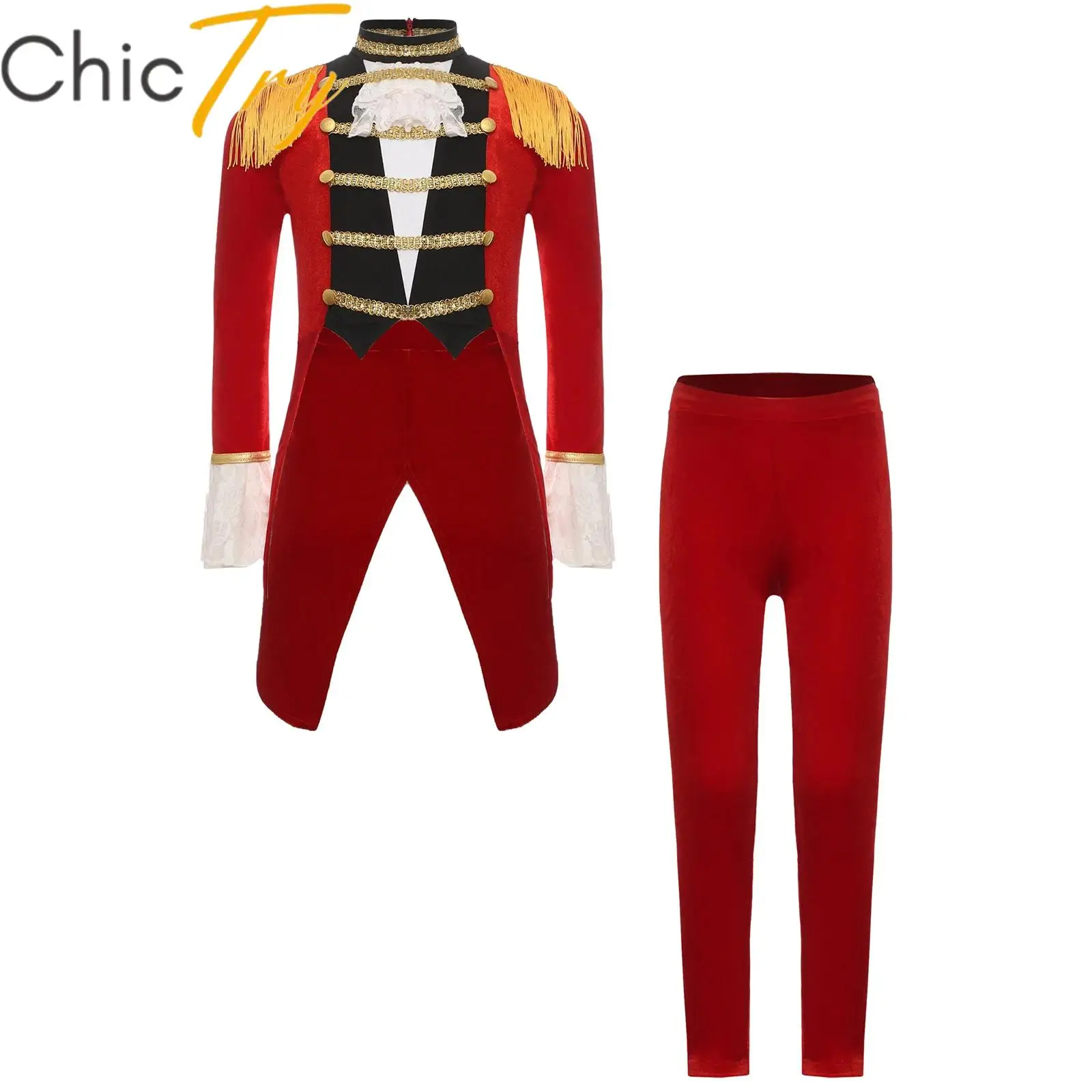 

2Pcs Kids Velvet Circus Ringmaster Cosplay Costumes Halloween Outfits Long Sleeve Lace Cuffs Fringe Epaulet Tailcoat and Pants