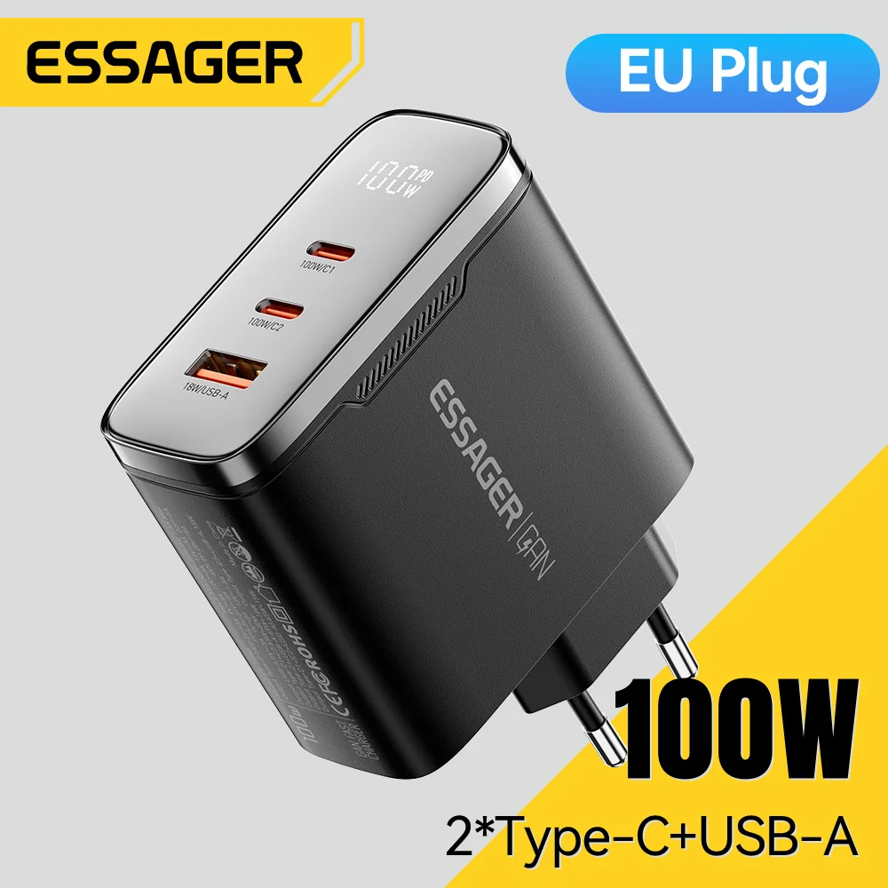 Essager GaN USB C Charger 100W Digital Display Type-c Fast  Charging Charger for iPhone 17 16 Smausng Xiaomi  Tablet MacBook Pro