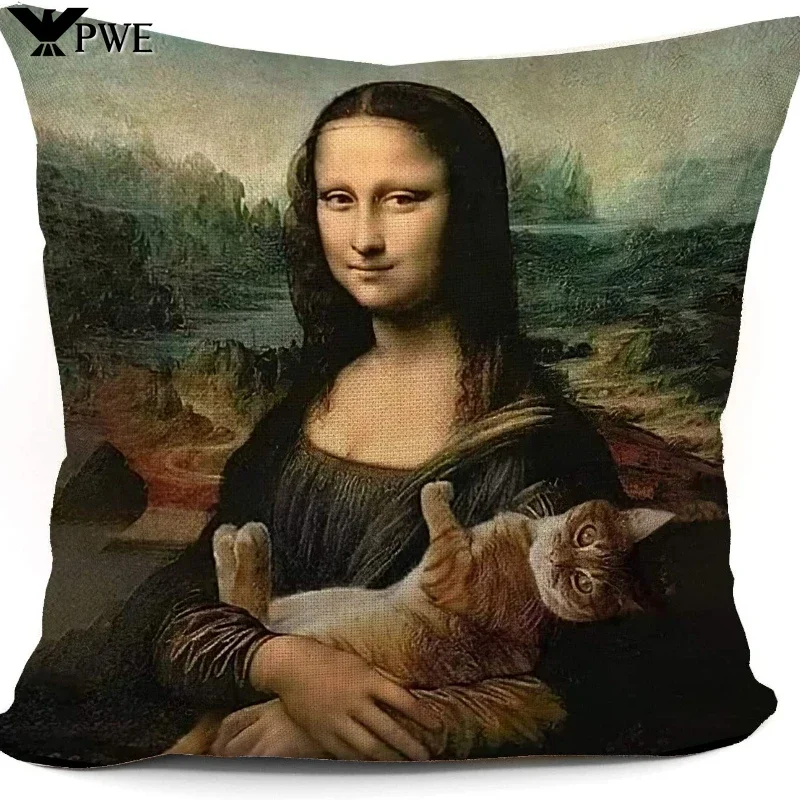 Funny Mona Lisa and Cat Throw Pillow Cover Funny Cat Pillow Case Gifts Cat Lady Cat Decor 45x45cm for Sofa Couch Bed Chair