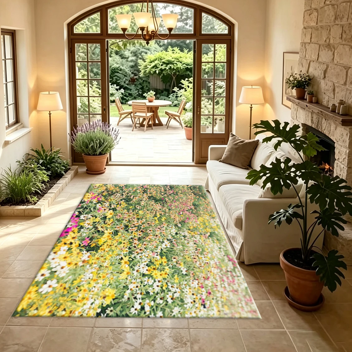 Floral Field Pattern Carpet Flooring, Colorful Wildflower Printed Rug for Living Space Home Decoration