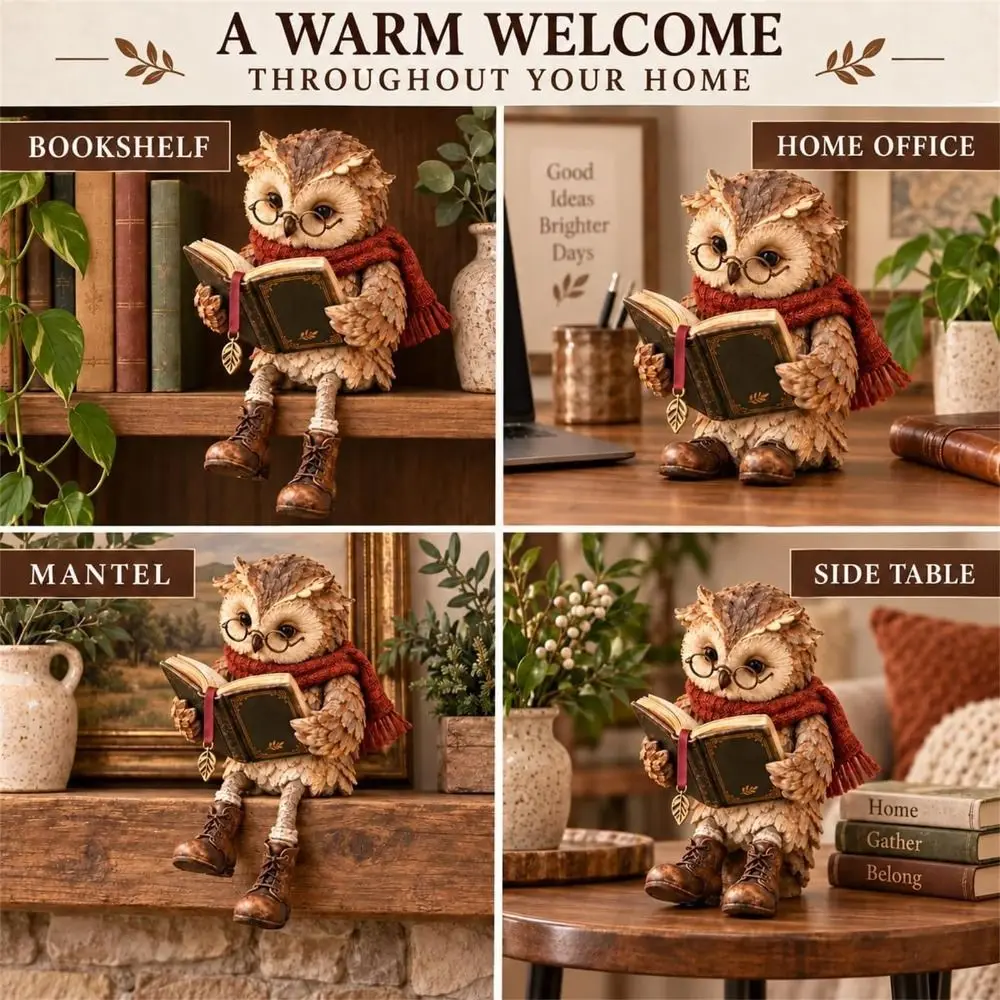 Reading Pose Owl Figurine Glasses Boots Detail Owl Sculpture Scarf Detail Detailed Sculpture Reading Owl Statue