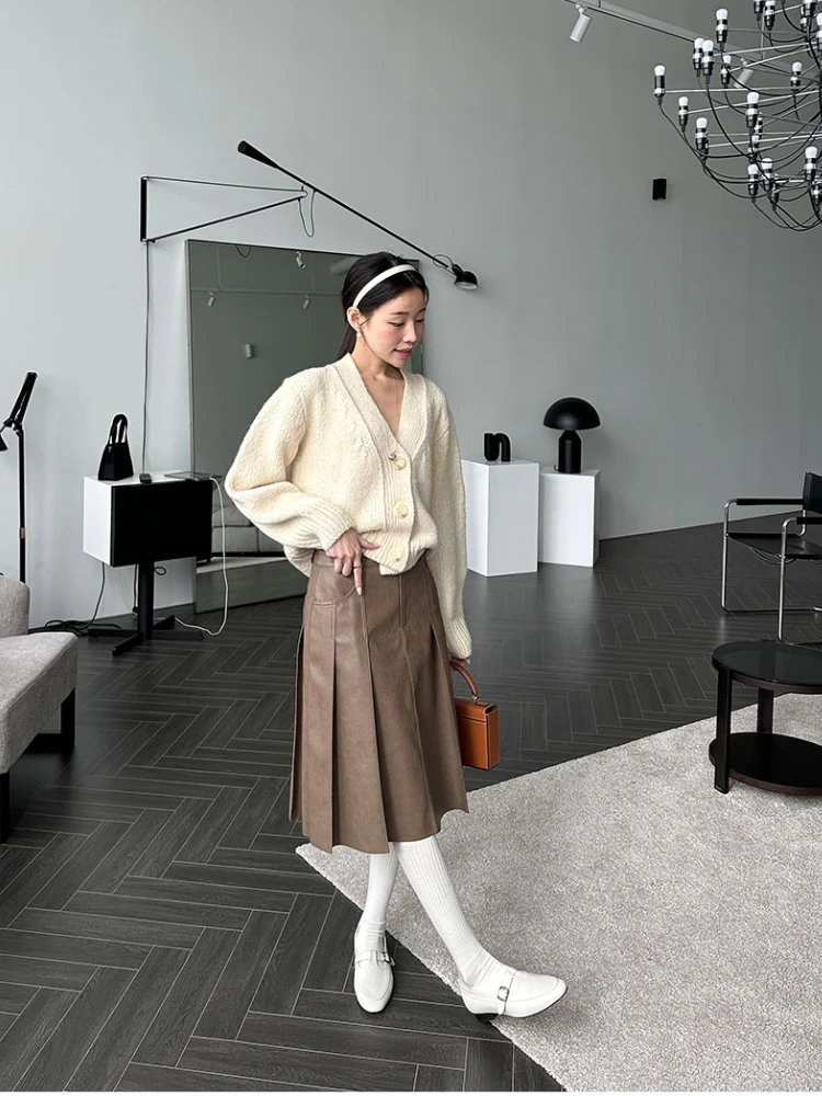 Korobov Korean Fashion Long Skirts Women Autumn Vintage High Waist Pockets Skirt Casual All Match BLack Pleated Pu Faldas Mujer