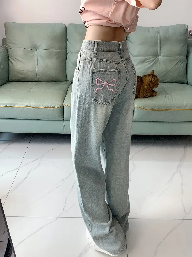 Women's Pink Bow Embroidery Blue Wide Leg Jeans Sweet Girl Street Bottoms Denim Pants Female High Waist Casual Straight Trousers
