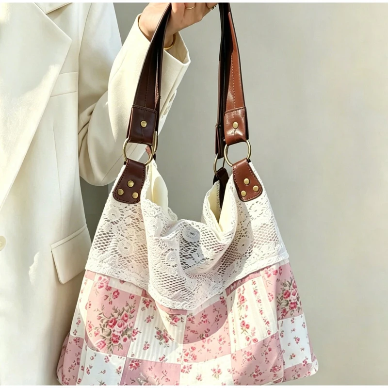 Böhmische Umhängetasche, Mori Girl Fairycore Damen Ditsy Floral Patchwork Handtasche mit Spitzenbesatz, Vintage Reise-Pendler-Einkaufstasche – Detail 21