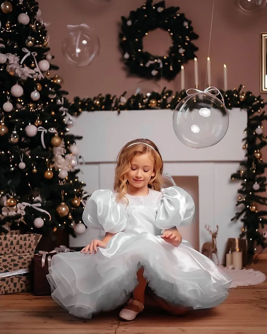 فستان عيد الميلاد الأبيض للأطفال الصغار بطول الركبة قصير للحفلات الراقصة للأطفال مناسبة خاصة فستان فتاة الزهور
