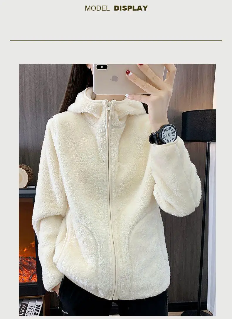 Zip-up Hooded Double-sided Wear Flannel Sweatshirt Women Thick Slim Fleece-lined Jacket Outdoor Sports Y2k Autumn Winter Coat