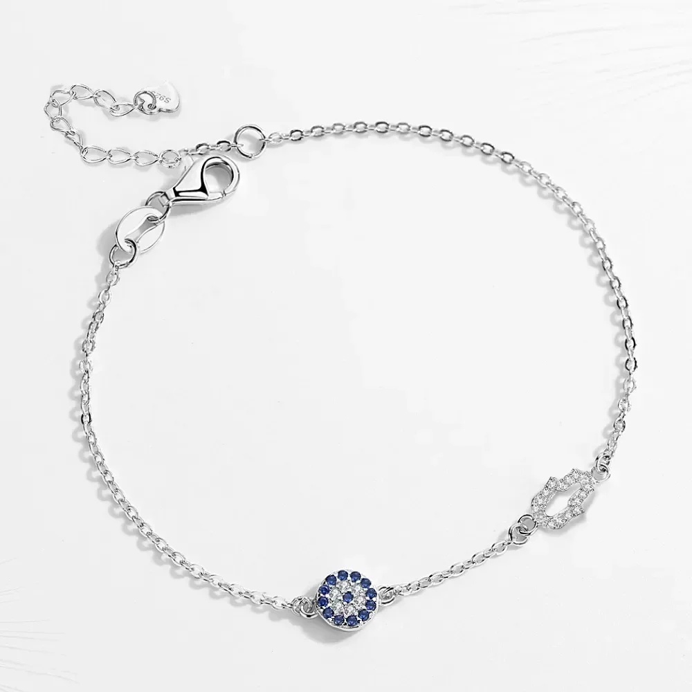 TONGZHE Hamsa Hand Evil Eye Charm Bracelet 925 Sterling Silver Luck Blue CZ Chain Link Bracelets For Women Turkish Jewelry