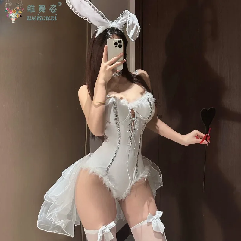 

Сексуальные кролики девочки белые колготки ролевые костюмы горничная вечеринка пушистая стройная связка комбинезон пасхальный Хэллоуин одежда сцена красивая кролик уха кружевная юбка мягкий кролик ухо легкая кружевная