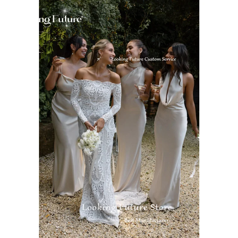 Exquisito vestido de novia de sirena blanca con bordado de encaje para mujer, vestido de novia Sexy de manga larga con hombros descubiertos y espalda descubierta personalizado 2025