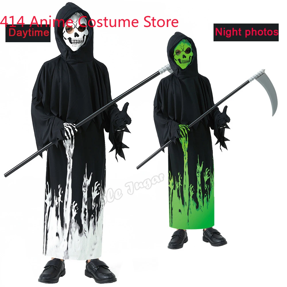 Halloween Death Costume Ghost COS Clothing Night Glow Death God Vampire Jumpsuit Headgear Gloves Sickle Suit Party Dress Up