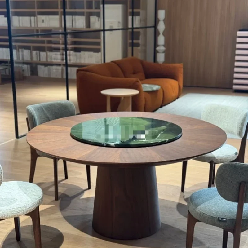 

Medieval wabi-sabi style walnut veneer wooden table face round dining table, marble tabletop