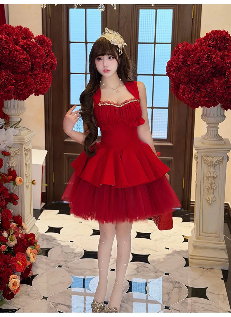 Red Ballet Fashion Birthday Dress 2026 New Bar Mitzvah Dress Romantic Gorgeous Rhinestone Decoration Mini Dress