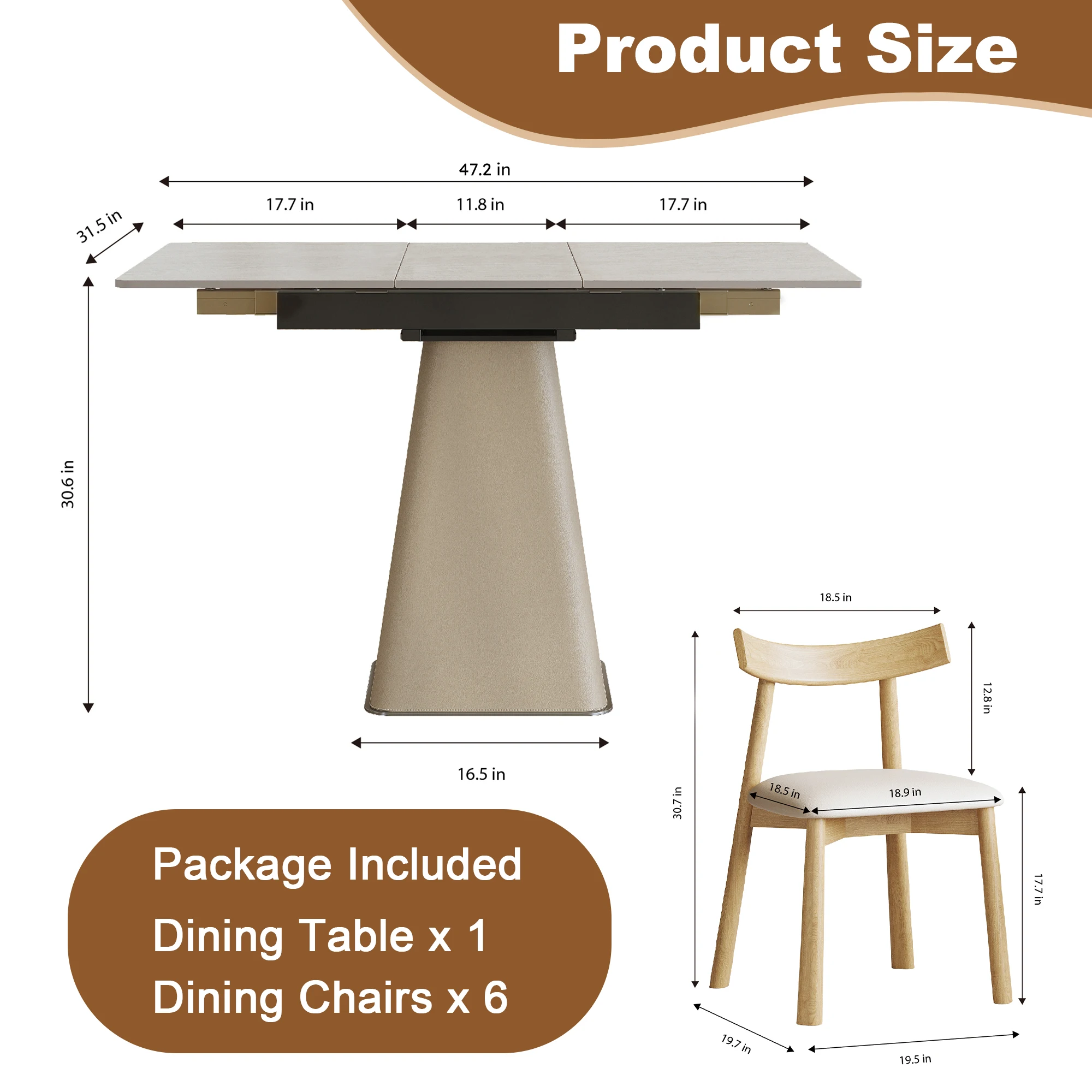 Modern 7-Piece Expandable Table With 6 Wooden Leg Chairs & Leather-Wrapped Base