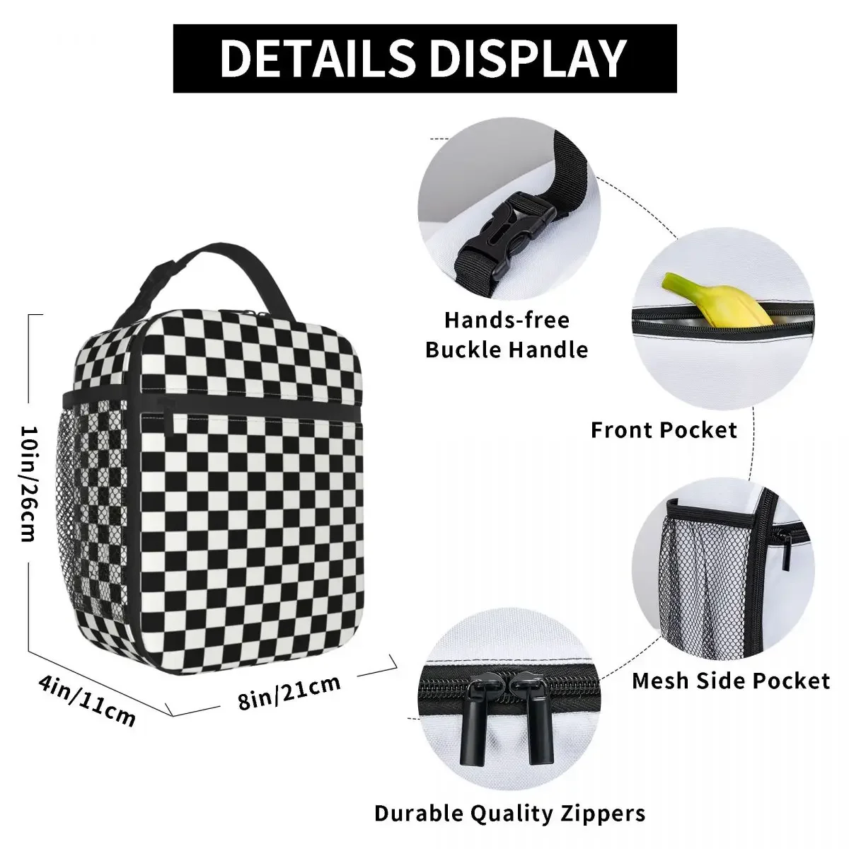 Custom Classic Checkerboard Lunch Bag Women Thermal Cooler Chess Board Insulated Lunch Box for Kids School Children