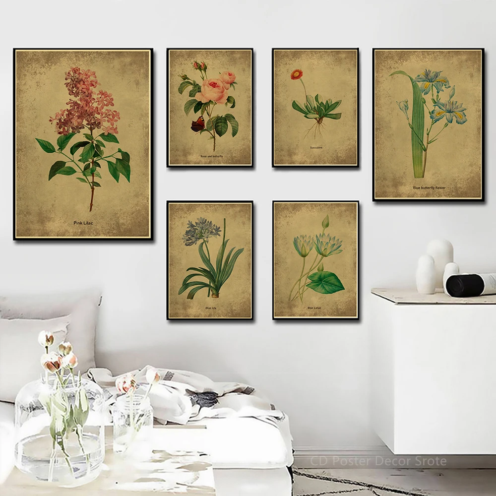 Botanical Poster Herb Plants Floral Art Wall Painting Blue Butterfly Flower Retro Prints Rose Vintage Home Room Decor Picture