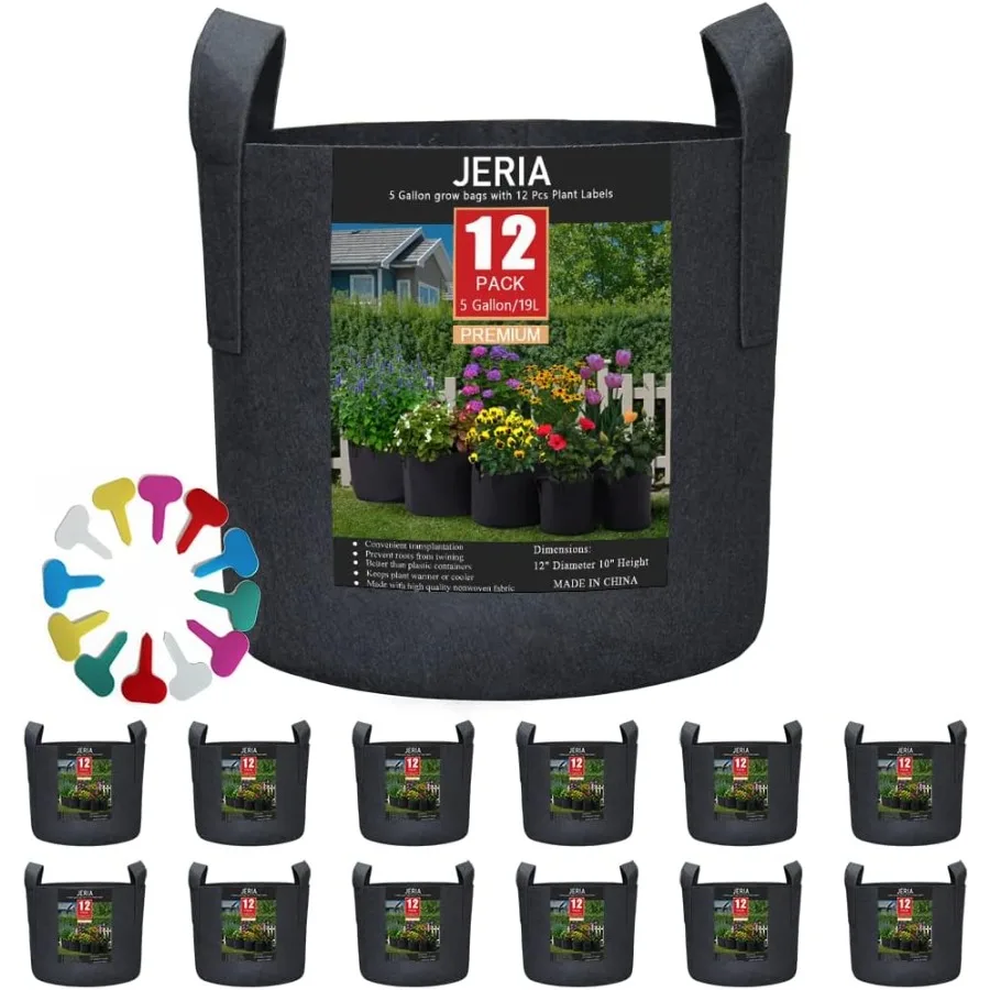 

12Pack 5 Gallon Vegetable Flower Plant Grow Bags Aeration Fabric Pots with Handles Black Come with 12 Pcs Plant Labels