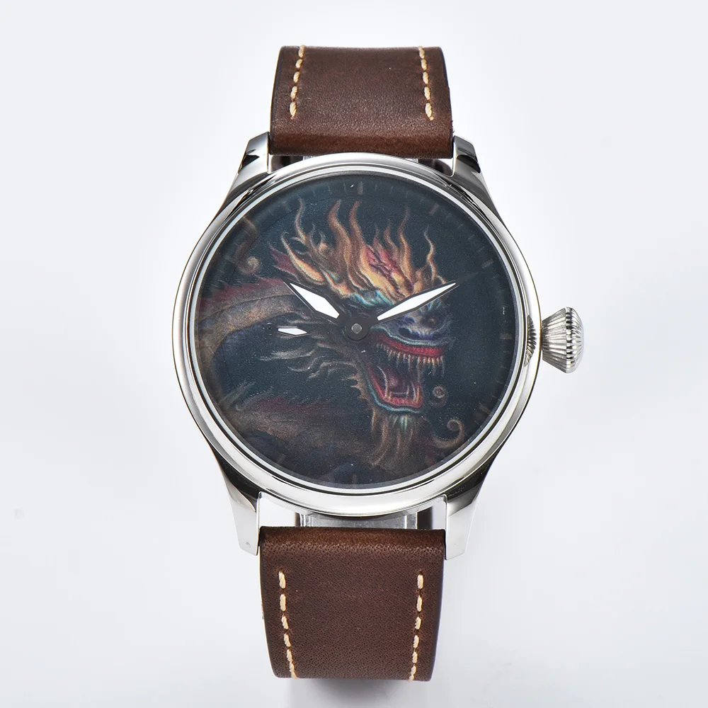 Parnis 44mm Hand Winding Mens Classic Dragon Drawing Dial Wrist Watch