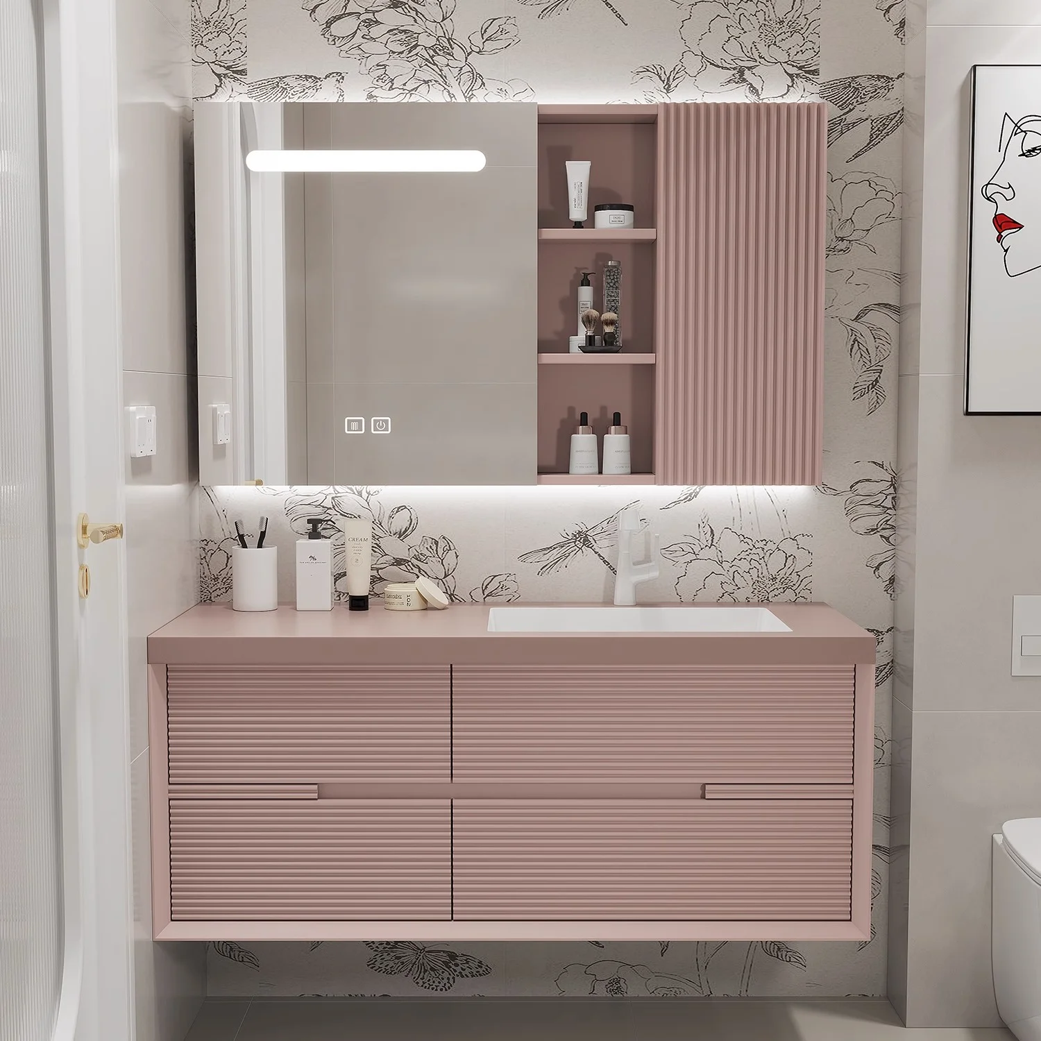 2026 Hotel Home Bathroom Luxury Furniture Modern White Solid Wood Design Bathroom Cabinet Mirror Cabinet Vanity Sets