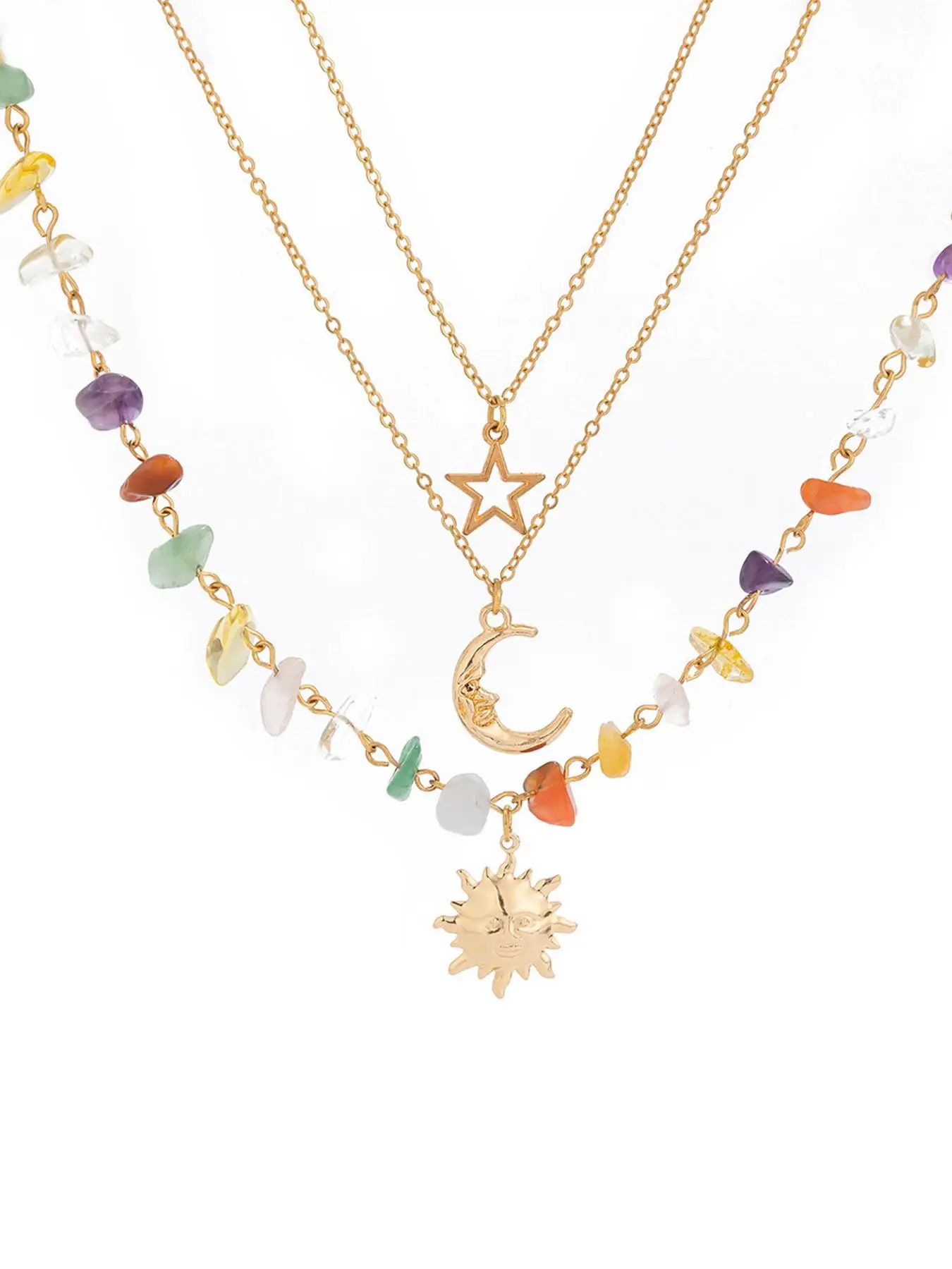 3피스 썬 문 지르콘 레이어드 목걸이 세트 파티, 데이트, 데일리 의류장식, 트렌디한 올매치 & 절묘한 주얼리 선물용