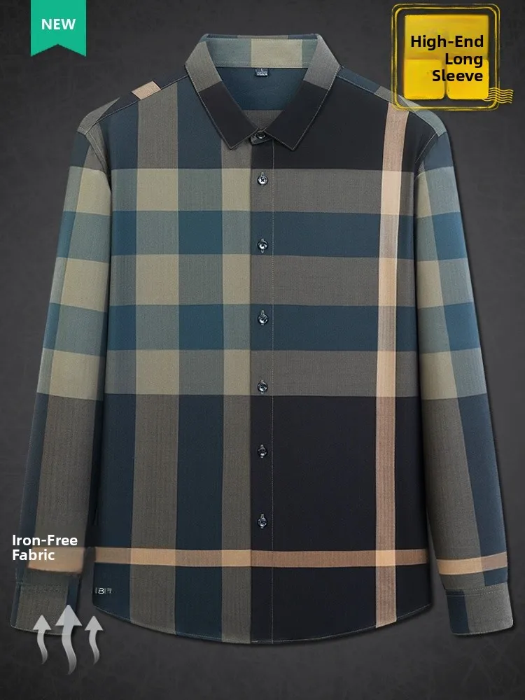 

High-End Plaid Long Sve irt for Men Faionable Autumn Non-iron Stand Fit Busin Casual Polyester Blend Dad irt